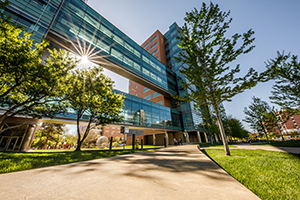 A view of a research building on the CU Anschutz Medical Campus