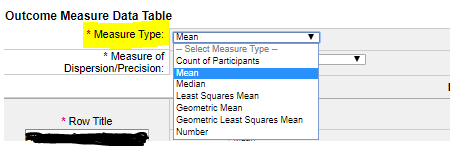 This image shows the Measure Type field, which is a dropdown menu from which you can selct options like "Mean", "Median", etc. 