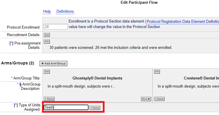 The "Type of Units Assigned" field is located under the Arms in the Participant Flow module