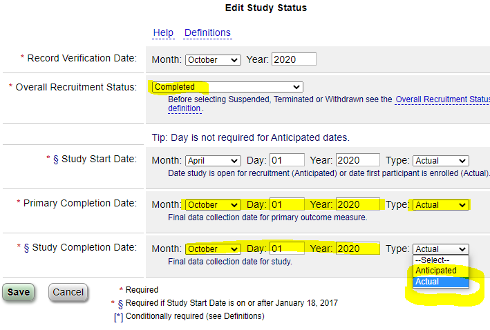 The study status section with overall recruitment status "Completed" and completion dates entered and changed to "Actual".