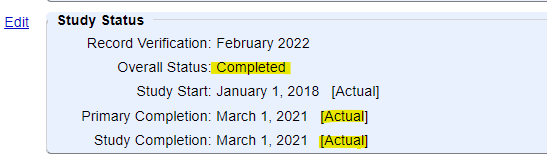 Study Status, completed, with "Actual" completion dates entered