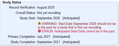 The Study Status section of the ClinicalTrial.gov record, with an error because the "anticipated" study start date is in the past.