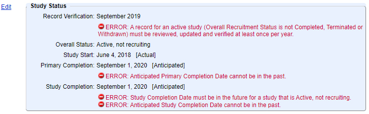 This Study Status section has multiple errors. The verification date is more than a year old, and the "anticipated" completion dates are now in the past.