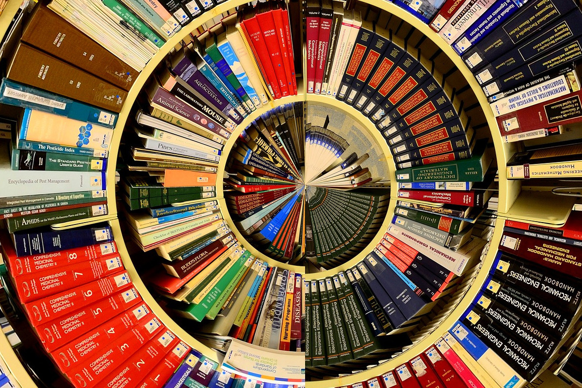 Library books set up in a circle