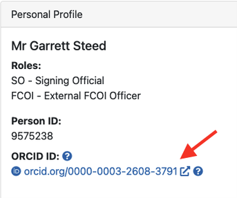 Screenshot of a personal profile showing the ORCID ID link highlighted with a red arrow.
